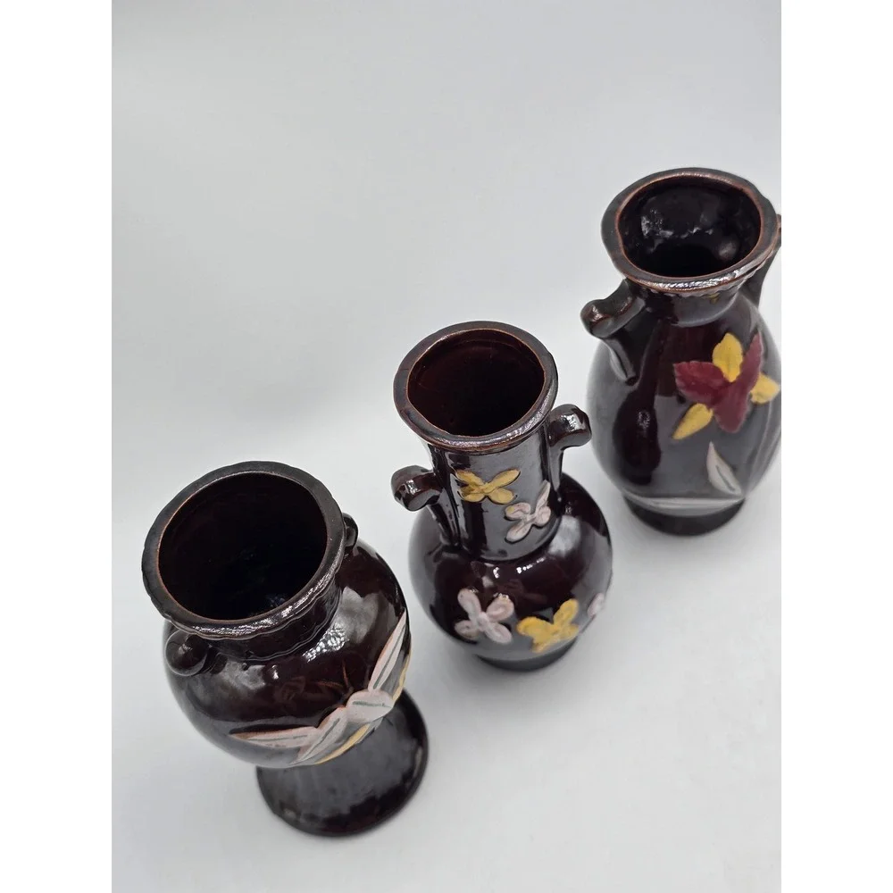 Vintage MCM Japan Miniature Bud Vase Set of 3 Dark Brown Floral Pottery 4